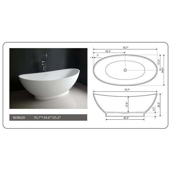 Legion Furniture WJ8620-W 70.7 Inch White Matt Solid Surface Tub, No Faucet - Legion Furniture Tubs - Ambient Home