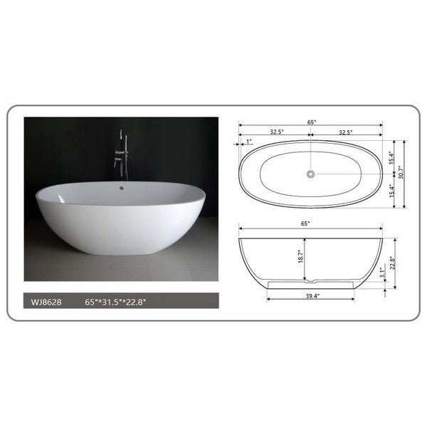 Legion Furniture WJ8628-W 65 Inch White Matt Solid Surface Tub, No Faucet - Legion Furniture Tubs - Ambient Home