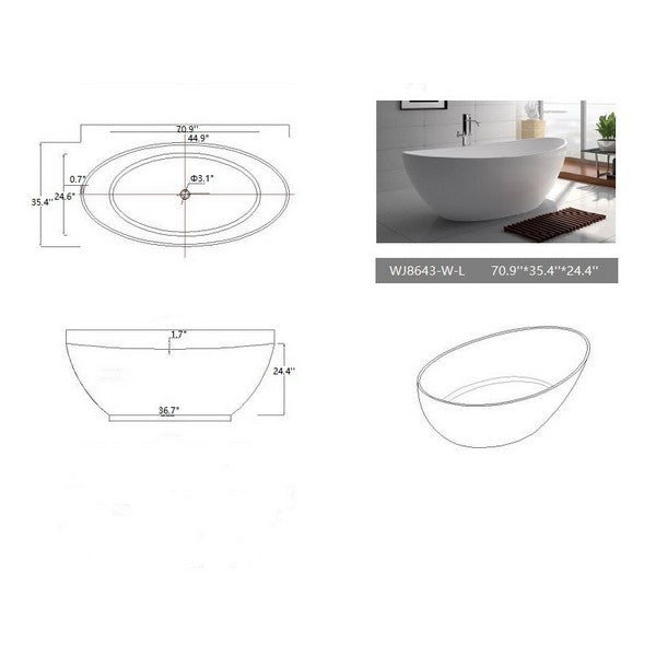 Legion Furniture WJ8643-W-L 71 Inch White Matt Solid Surface Tub, No Faucet - Legion Furniture Tubs - Ambient Home