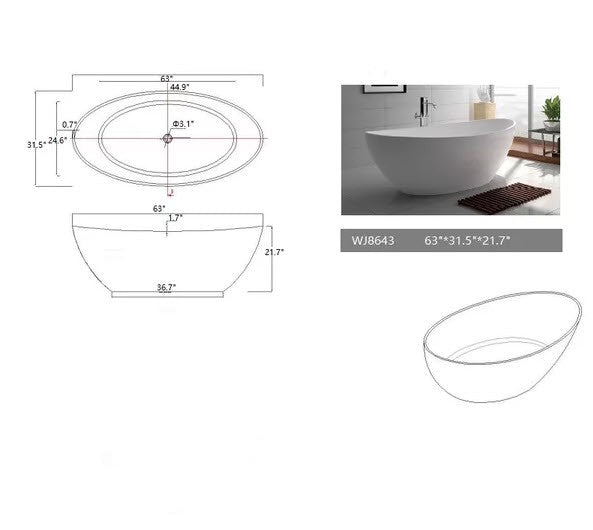 Legion Furniture WJ8643-W 63 Inch White Matt Solid Surface Tub, No Faucet - Legion Furniture Tubs - Ambient Home