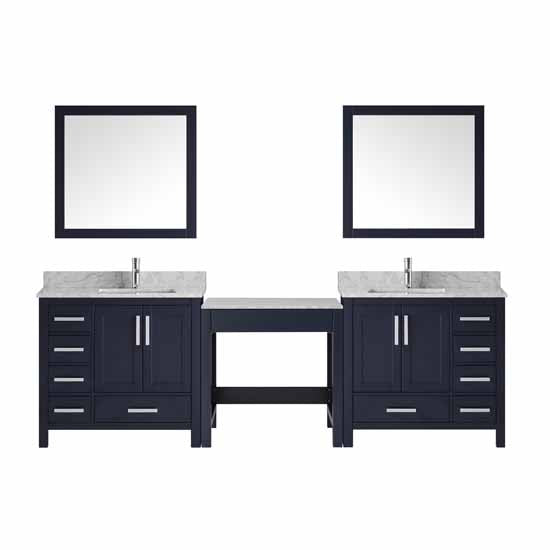 Lexora Jacques 102" Navy Blue Double Bathroom Vanity w/ Make-up Table (Options: White Carrara Marble Top, White Square Sink and 34" Mirror) - Lexora - Ambient Home