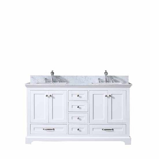 Lexora Dukes 60" - White Double Bathroom Vanity (Options: White Carrara Marble / Quartz Top, White Square Sinks and 58" Mirror w/ Faucets) - Lexora - Ambient Home