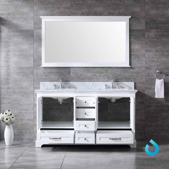 Lexora Dukes 60" - White Double Bathroom Vanity (Options: White Carrara Marble / Quartz Top, White Square Sinks and 58" Mirror w/ Faucets) - Lexora - Ambient Home