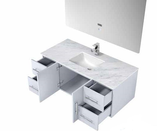 Lexora Geneva 48" - Glossy White Single Bathroom Vanity (Options: White Carrara Marble Top, White Square Sink and 48" LED Mirror w/ Faucet) - Lexora - Ambient Home