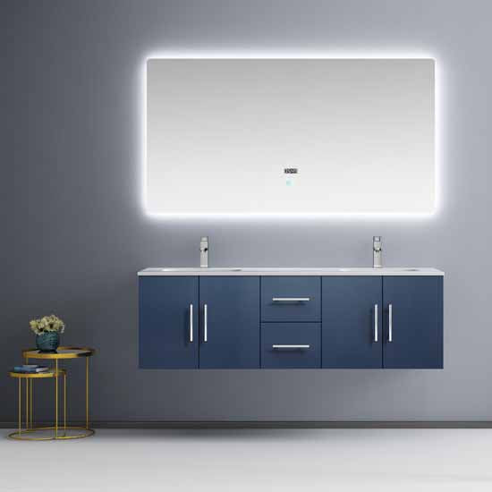 Lexora Geneva 60" - Navy Blue Double Bathroom Vanity (Options: White Carrara Marble Top, White Square Sink and 60" LED Mirror w/ Faucets) - Lexora - Ambient Home