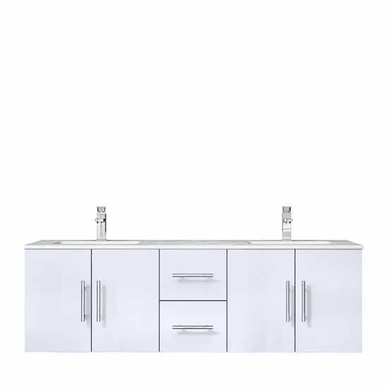 Lexora Geneva 60" - Glossy White Double Bathroom Vanity  (Options: White Carrara Marble Top, White Square Sink and 60" LED Mirror w/ Faucets) - Lexora - Ambient Home