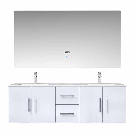 Lexora Geneva 60" - Glossy White Double Bathroom Vanity  (Options: White Carrara Marble Top, White Square Sink and 60" LED Mirror w/ Faucets) - Lexora - Ambient Home