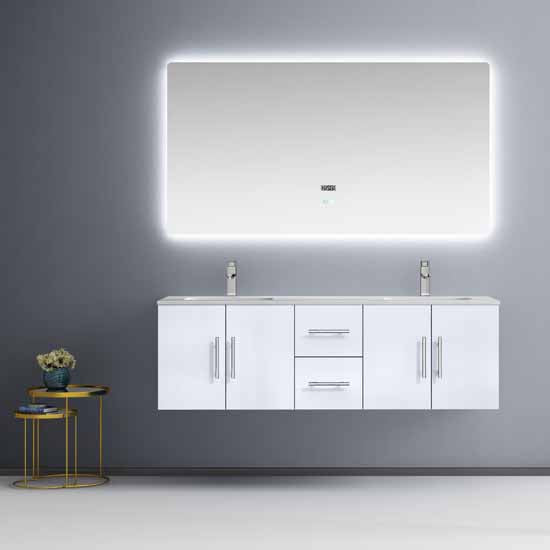 Lexora Geneva 60" - Glossy White Double Bathroom Vanity  (Options: White Carrara Marble Top, White Square Sink and 60" LED Mirror w/ Faucets) - Lexora - Ambient Home