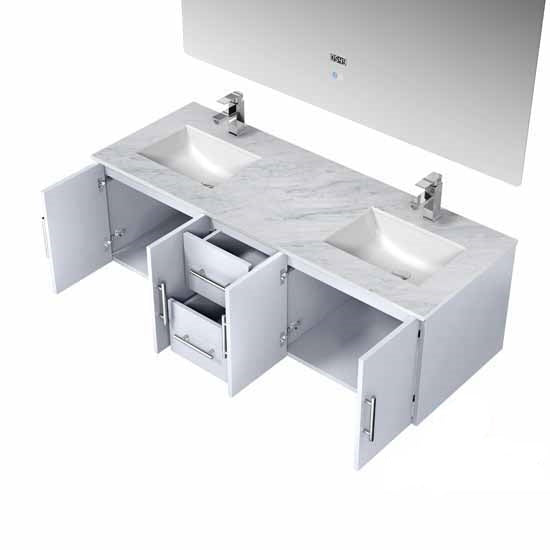 Lexora Geneva 60" - Glossy White Double Bathroom Vanity  (Options: White Carrara Marble Top, White Square Sink and 60" LED Mirror w/ Faucets) - Lexora - Ambient Home