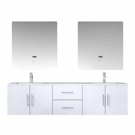 Lexora Geneva 72" - Glossy White Double Bathroom Vanity (Options: White Carrara Marble Top, White Square Sink and 30" LED Mirror w/ Faucets) - Lexora - Ambient Home