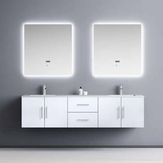 Lexora Geneva 72" - Glossy White Double Bathroom Vanity (Options: White Carrara Marble Top, White Square Sink and 30" LED Mirror w/ Faucets) - Lexora - Ambient Home