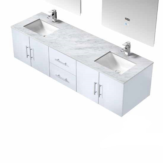 Lexora Geneva 72" - Glossy White Double Bathroom Vanity (Options: White Carrara Marble Top, White Square Sink and 30" LED Mirror w/ Faucets) - Lexora - Ambient Home