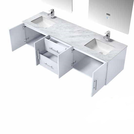 Lexora Geneva 72" - Glossy White Double Bathroom Vanity (Options: White Carrara Marble Top, White Square Sink and 30" LED Mirror w/ Faucets) - Lexora - Ambient Home