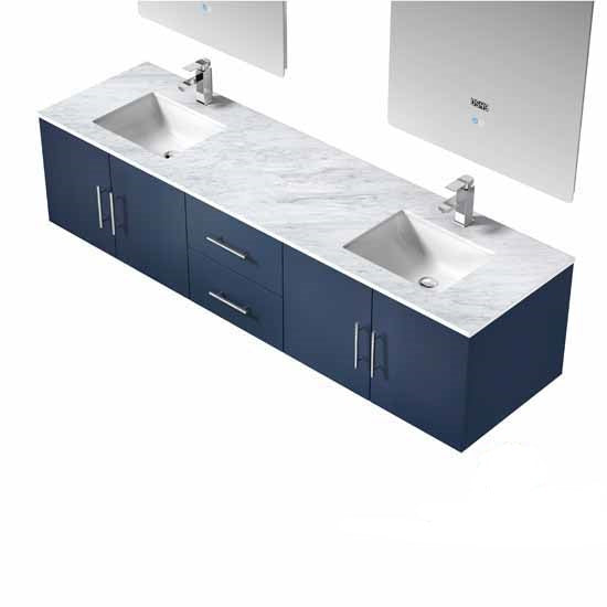 Lexora Geneva 80" - Navy Blue Double Bathroom Vanity (Options: White Carrara Marble Top, White Square Sinks and 30" LED Mirrors w/ Faucets) - Lexora - Ambient Home