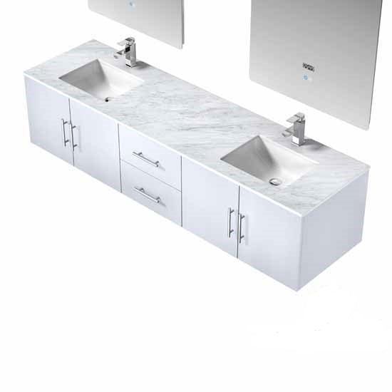 Lexora Geneva 80" - Glossy White Double Bathroom Vanity (Options: White Carrara Marble Top, White Square Sinks and 30" LED Mirrors w/ Faucets) - Lexora - Ambient Home