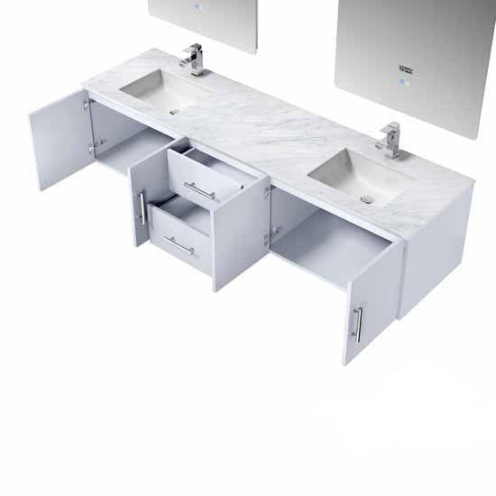 Lexora Geneva 80" - Glossy White Double Bathroom Vanity (Options: White Carrara Marble Top, White Square Sinks and 30" LED Mirrors w/ Faucets) - Lexora - Ambient Home