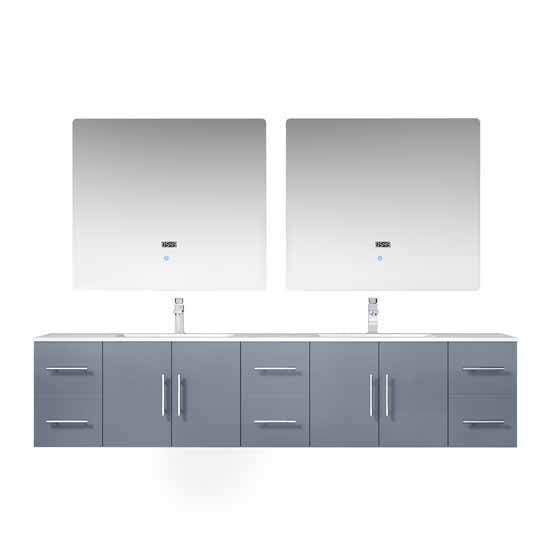 Lexora Geneva 84" - Dark Grey Double Bathroom Vanity (Options: White Carrara Marble Top, White Square Sinks and 36" LED Mirrors w/ Faucets) - Lexora - Ambient Home