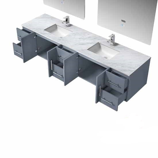 Lexora Geneva 84" - Dark Grey Double Bathroom Vanity (Options: White Carrara Marble Top, White Square Sinks and 36" LED Mirrors w/ Faucets) - Lexora - Ambient Home