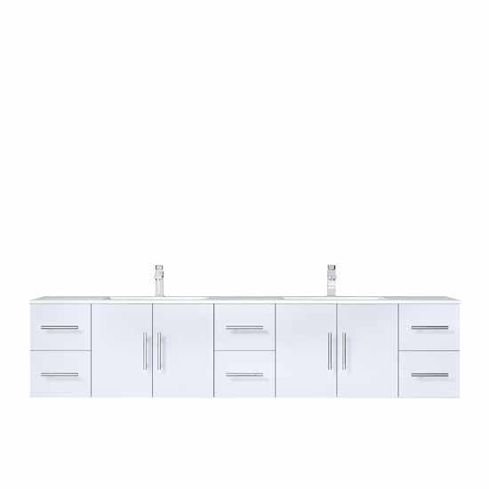 Lexora Geneva 84" - Glossy White Double Bathroom Vanity (Options: White Carrara Marble Top, White Square Sinks and 36" LED Mirrors w/ Faucets) - Lexora - Ambient Home