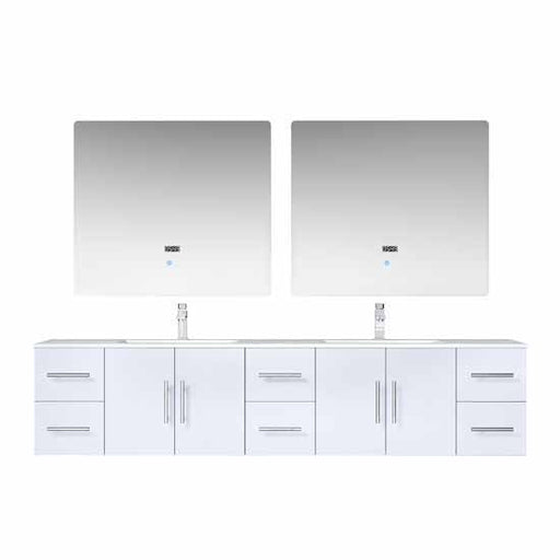 Lexora Geneva 84" - Glossy White Double Bathroom Vanity (Options: White Carrara Marble Top, White Square Sinks and 36" LED Mirrors w/ Faucets) - Lexora - Ambient Home