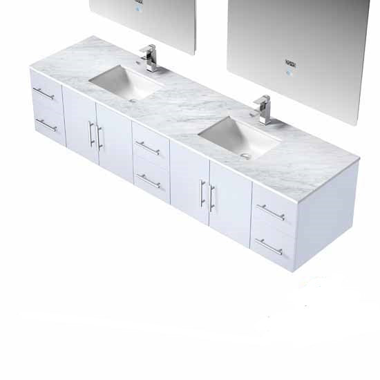 Lexora Geneva 84" - Glossy White Double Bathroom Vanity (Options: White Carrara Marble Top, White Square Sinks and 36" LED Mirrors w/ Faucets) - Lexora - Ambient Home