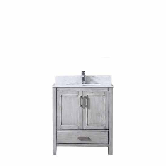 Lexora Jacques 30" - Distressed Grey Single Bathroom Vanity (Options: White Carrara Marble Top, White Square Sink and 28" Mirror w/ Faucet) - Lexora - Ambient Home