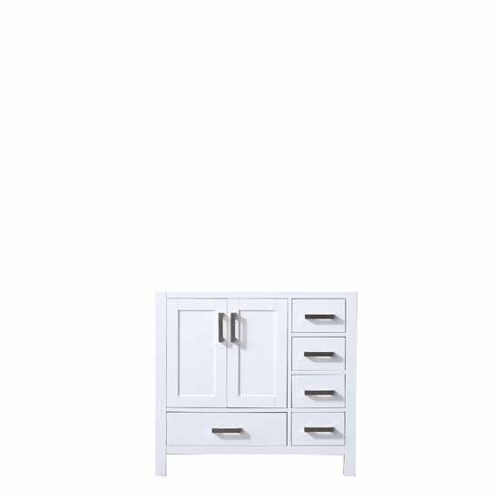 Lexora Jacques 36" - White Single Bathroom Vanity (Options: White Carrara Marble Top, White Square Sink and 34" Mirror w/ Faucet - Left Version) - Lexora - Ambient Home