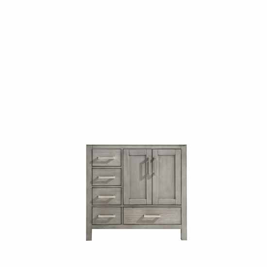 Lexora Jacques 36" - Distressed Grey Single Bathroom Vanity (Options: White Carrara Marble Top, White Square Sink and 34" Mirror w/ Faucet - Right Version) - Lexora - Ambient Home