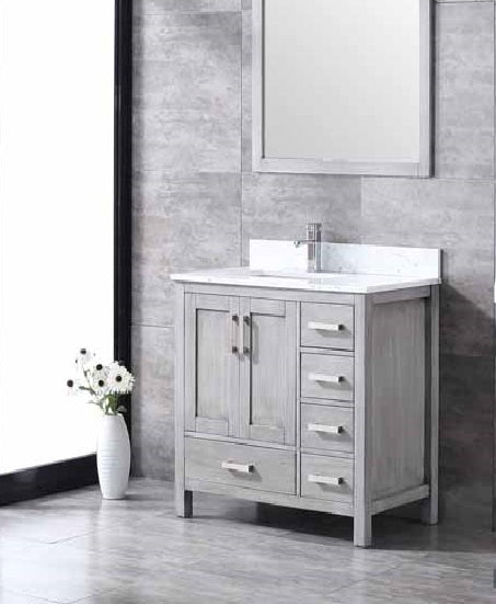Lexora Jacques 36" - Distressed Grey Single Bathroom Vanity (Options: White Carrara Marble Top, White Square Sink and 34" Mirror w/ Faucet - Left Version) - Lexora - Ambient Home