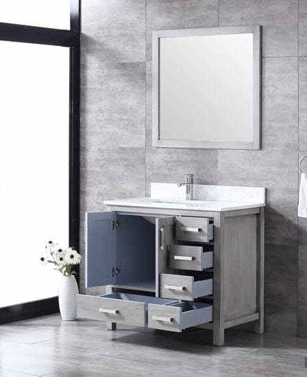 Lexora Jacques 36" - Distressed Grey Single Bathroom Vanity (Options: White Carrara Marble Top, White Square Sink and 34" Mirror w/ Faucet - Left Version) - Lexora - Ambient Home