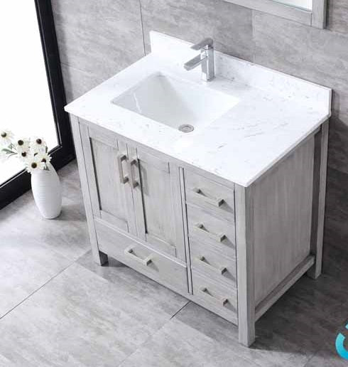 Lexora Jacques 36" - Distressed Grey Single Bathroom Vanity (Options: White Carrara Marble Top, White Square Sink and 34" Mirror w/ Faucet - Left Version) - Lexora - Ambient Home