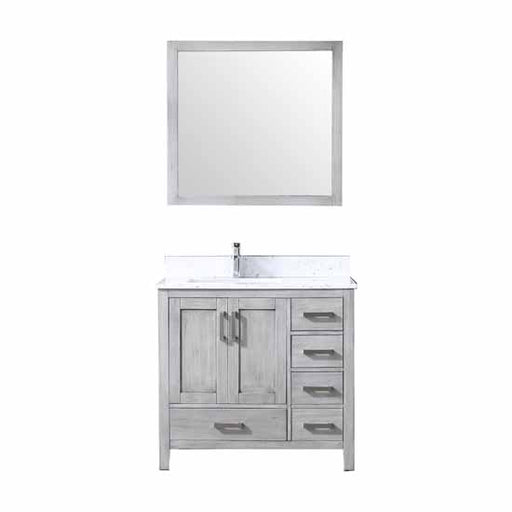 Lexora Jacques 36" - Distressed Grey Single Bathroom Vanity (Options: White Carrara Marble Top, White Square Sink and 34" Mirror w/ Faucet - Left Version) - Lexora - Ambient Home