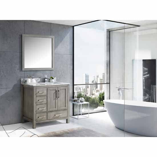 Lexora Jacques 36" - Distressed Grey Single Bathroom Vanity (Options: White Carrara Marble Top, White Square Sink and 34" Mirror w/ Faucet - Right Version) - Lexora - Ambient Home