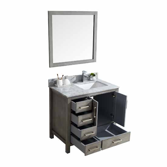 Lexora Jacques 36" - Distressed Grey Single Bathroom Vanity (Options: White Carrara Marble Top, White Square Sink and 34" Mirror w/ Faucet - Right Version) - Lexora - Ambient Home