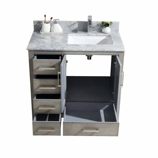 Lexora Jacques 36" - Distressed Grey Single Bathroom Vanity (Options: White Carrara Marble Top, White Square Sink and 34" Mirror w/ Faucet - Right Version) - Lexora - Ambient Home