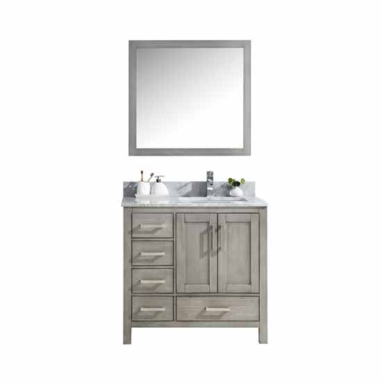 Lexora Jacques 36" - Distressed Grey Single Bathroom Vanity (Options: White Carrara Marble Top, White Square Sink and 34" Mirror w/ Faucet - Right Version) - Lexora - Ambient Home