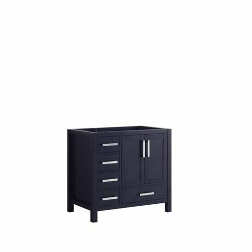 Lexora Jacques 36" - Navy Blue Single Bathroom Vanity (Options: White Carrara Marble Top, White Square Sink and 34" Mirror w/ Faucet - Right Version) - Lexora - Ambient Home