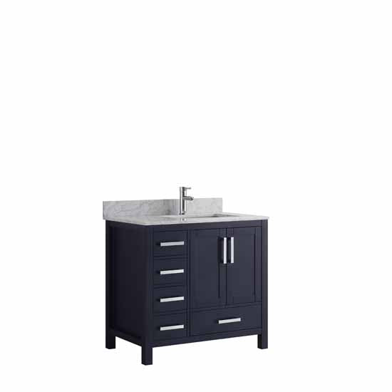 Lexora Jacques 36" - Navy Blue Single Bathroom Vanity (Options: White Carrara Marble Top, White Square Sink and 34" Mirror w/ Faucet - Right Version) - Lexora - Ambient Home