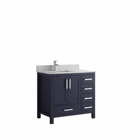 Lexora Jacques 36" - Navy Blue Single Bathroom Vanity (Options: White Carrara Marble Top, White Square Sink and 34" Mirror w/ Faucet - Left Version) - Lexora - Ambient Home