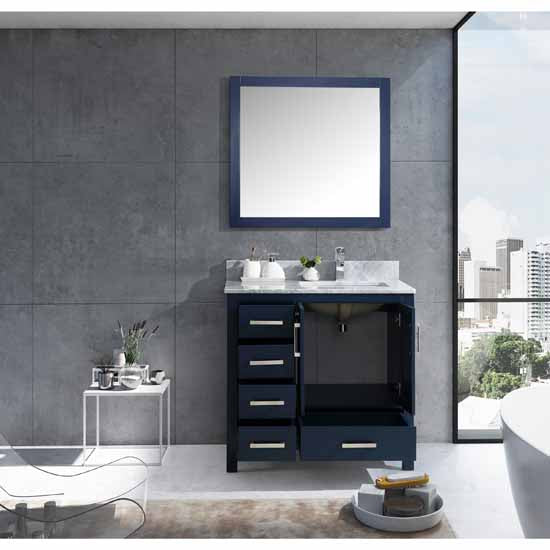Lexora Jacques 36" - Navy Blue Single Bathroom Vanity (Options: White Carrara Marble Top, White Square Sink and 34" Mirror w/ Faucet - Right Version) - Lexora - Ambient Home