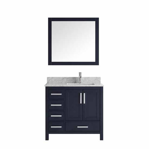 Lexora Jacques 36" - Navy Blue Single Bathroom Vanity (Options: White Carrara Marble Top, White Square Sink and 34" Mirror w/ Faucet - Right Version) - Lexora - Ambient Home