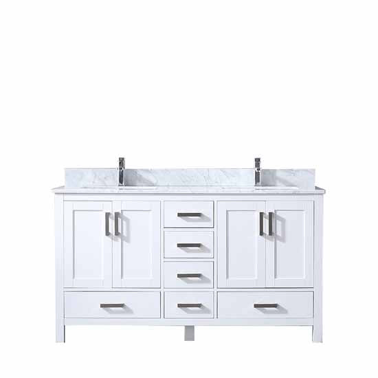Lexora Jacques 60" - White Double Bathroom Vanity (Options: White Carrara Marble Top, White Square Sinks and 58" Mirror w/ Faucets) - Lexora - Ambient Home