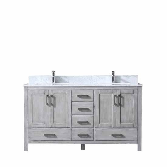 Lexora Jacques 60" - Distressed Grey Double Bathroom Vanity (Options: White Carrara Marble Top, White Square Sinks and 58" Mirror w/ Faucets) - Lexora - Ambient Home