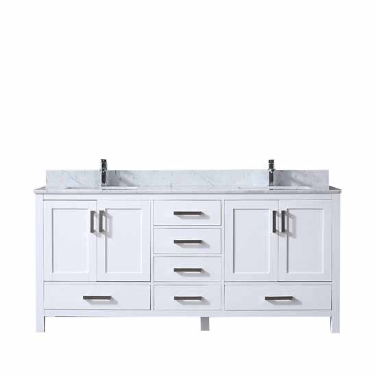 Lexora Jacques 72" - White Double Bathroom Vanity (Options: White Carrara Marble Top, White Square Sinks and 70" Mirror w/ Faucets) - Lexora - Ambient Home