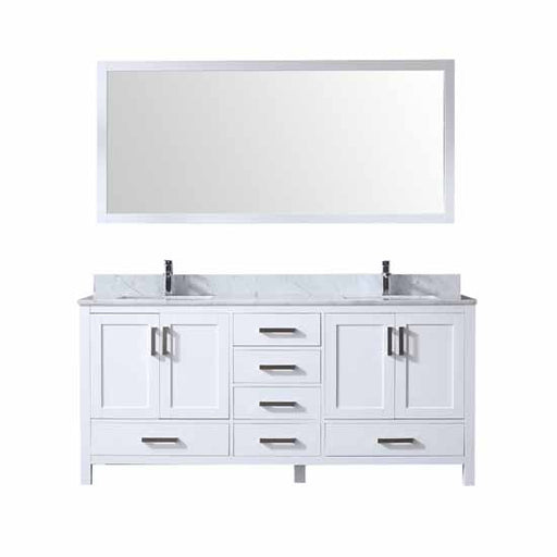 Lexora Jacques 72" - White Double Bathroom Vanity (Options: White Carrara Marble Top, White Square Sinks and 70" Mirror w/ Faucets) - Lexora - Ambient Home