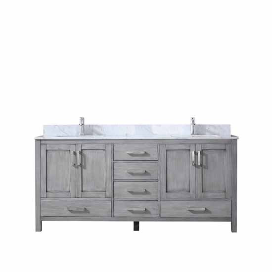 Lexora Jacques 72" - Distressed Grey Double Bathroom Vanity (Options: White Carrara Marble Top, White Square Sinks and 70" Mirror w/ Faucets) - Lexora - Ambient Home