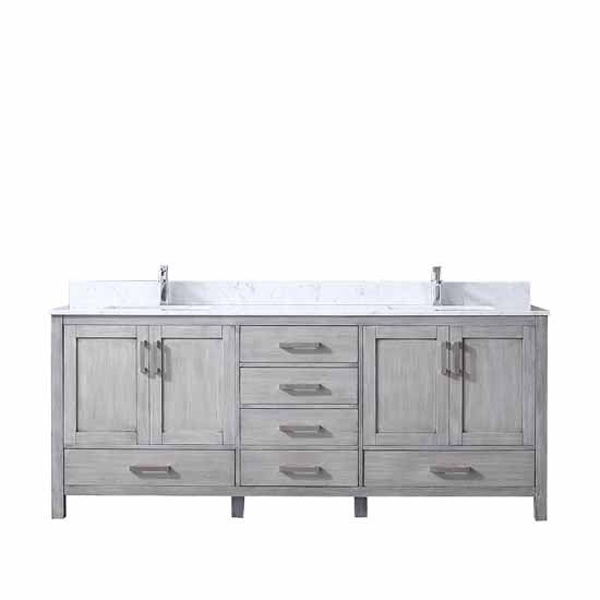 Lexora Jacques 80" - Distressed Grey Double Bathroom Vanity (Options: White Carrara Marble Top, White Square Sinks and 30" Mirrors w/ Faucets) - Lexora - Ambient Home