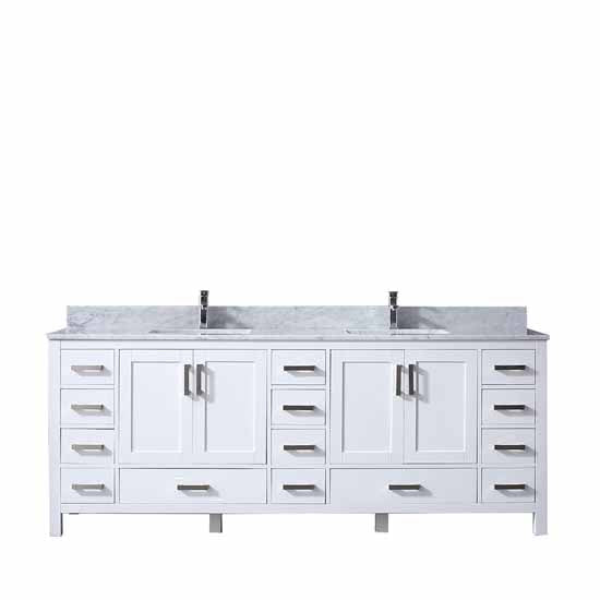 Lexora Jacques 84" - White Double Bathroom Vanity (Options: White Carrara Marble Top, White Square Sinks and 34" Mirrors w/ Faucets) - Lexora - Ambient Home