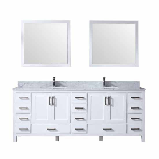 Lexora Jacques 84" - White Double Bathroom Vanity (Options: White Carrara Marble Top, White Square Sinks and 34" Mirrors w/ Faucets) - Lexora - Ambient Home