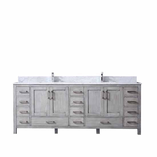 Lexora Jacques 84" - Distressed Grey Double Bathroom Vanity (Options: White Carrara Marble Top, White Square Sinks and 34" Mirrors w/ Faucets) - Lexora - Ambient Home